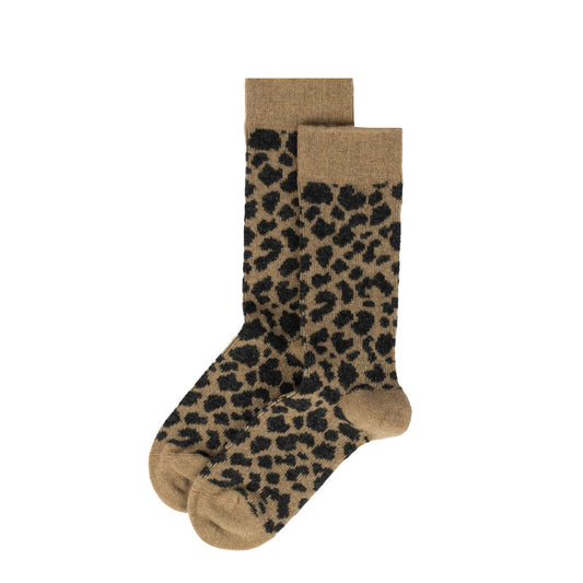 ROTOTO Womens Leopard Pattern Merino Socks Beige / Charcoal