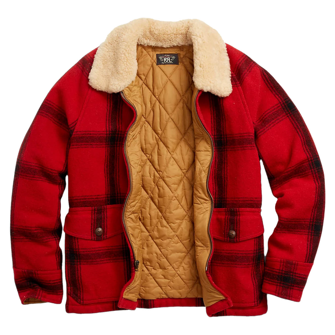 RRL by Ralph Lauren Shearling-Collar Plaid Wool Jacket Red / Black Multi-2