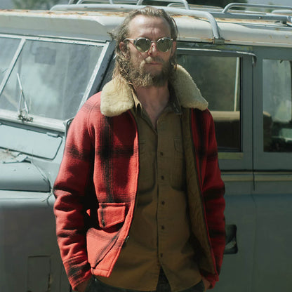 RRL by Ralph Lauren Shearling-Collar Plaid Wool Jacket Red / Black Multi-3