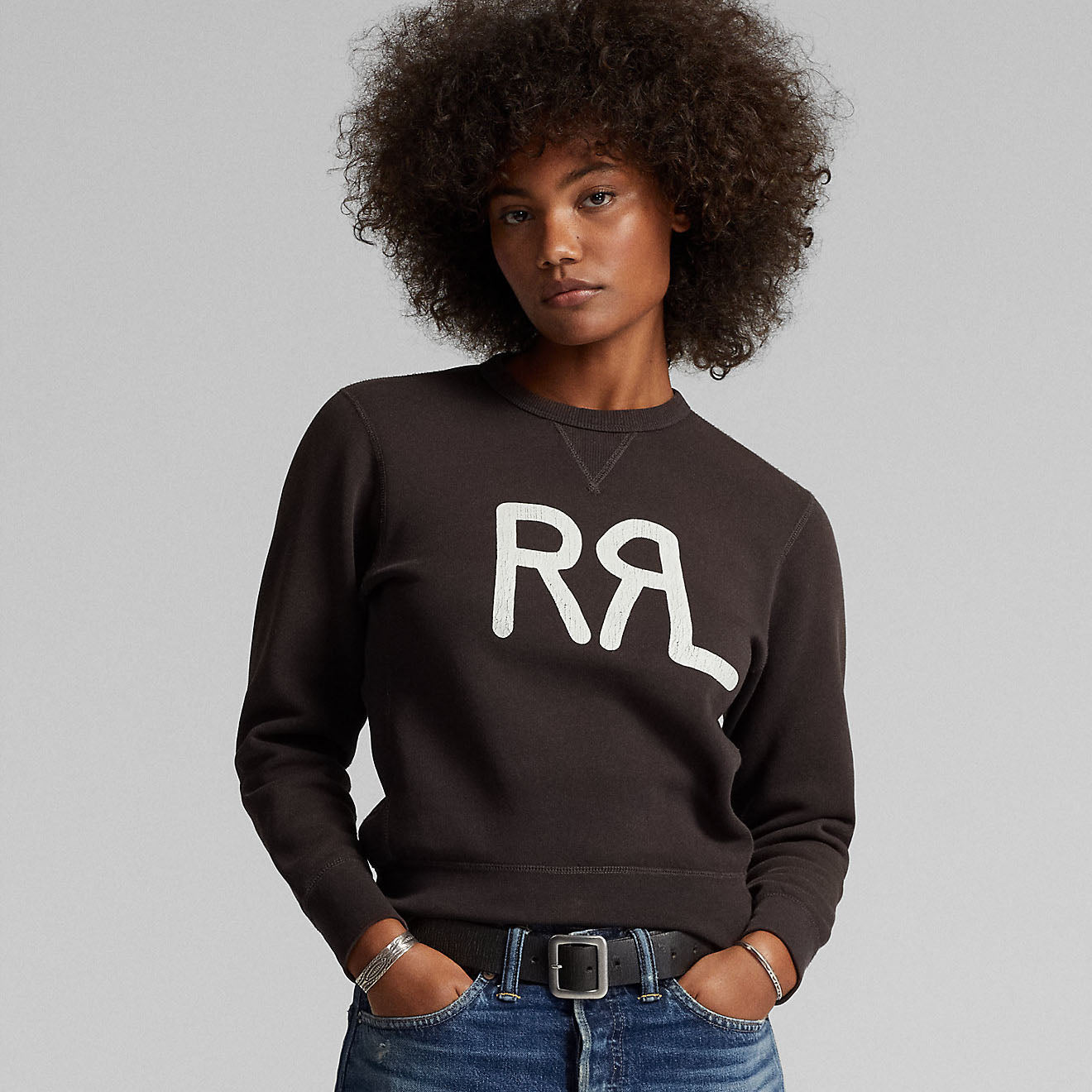RRL by Ralph Lauren Womens Logo Cotton-Blend Fleece Sweatshirt Faded Black / White-7