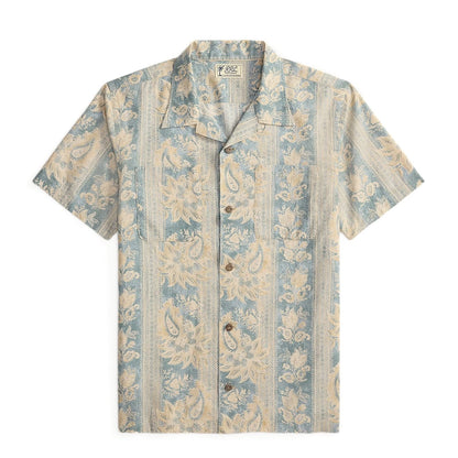 RRL By Ralph Lauren 2 Pocket Camp Short Sleeve Sport Shirt Indigo Blue / Cream Multi