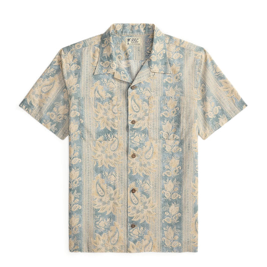 RRL By Ralph Lauren 2 Pocket Camp Short Sleeve Sport Shirt Indigo Blue / Cream Multi