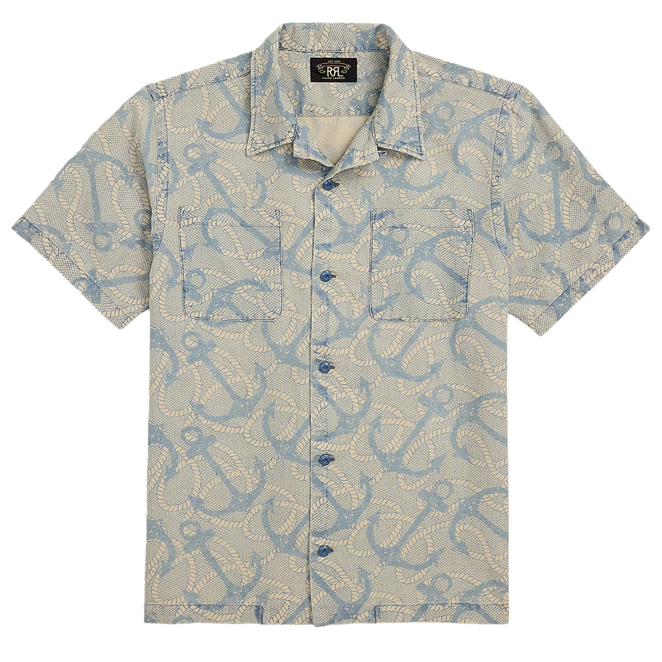 RRL By Ralph Lauren 2 Pocket Camp Short Sleeve Sport Shirt Indigo / Cream Multi