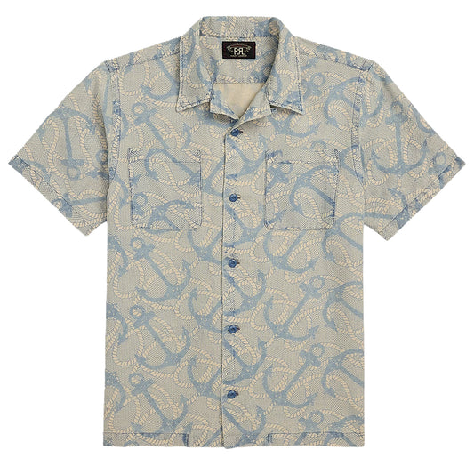 RRL By Ralph Lauren 2 Pocket Camp Short Sleeve Sport Shirt Indigo / Cream Multi