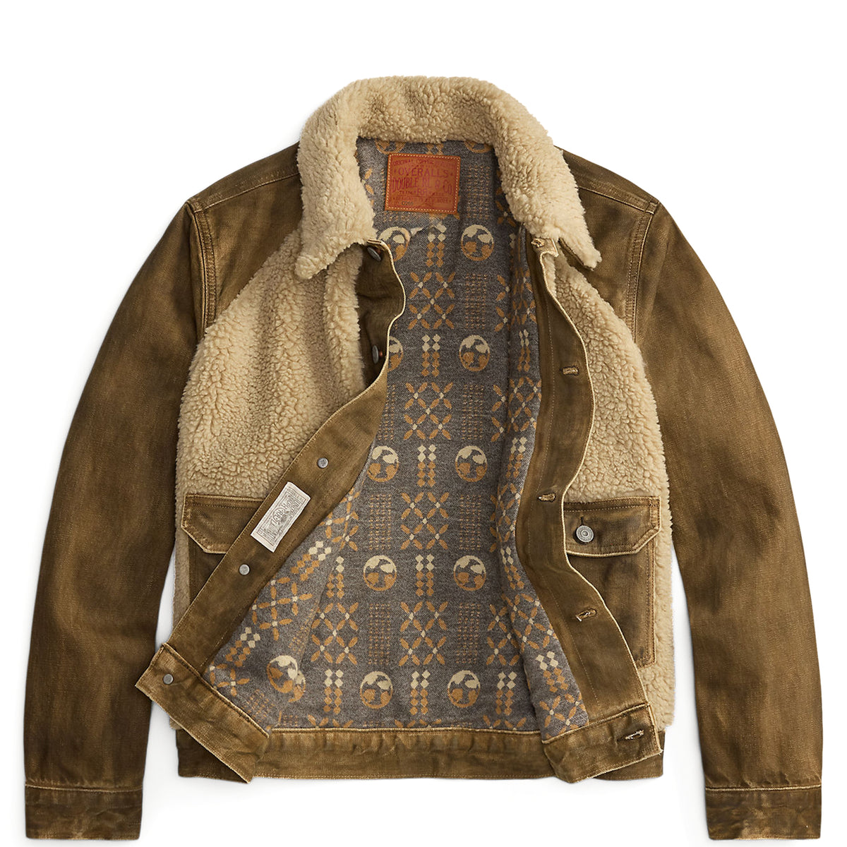 RRL By Ralph Lauren Fleece-Panel Denim Trucker Jacket Distressed Brown