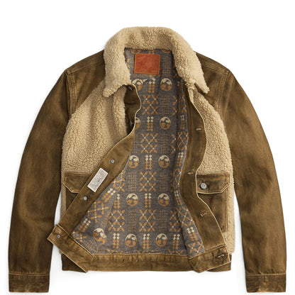 RRL By Ralph Lauren Fleece-Panel Denim Trucker Jacket Distressed Brown