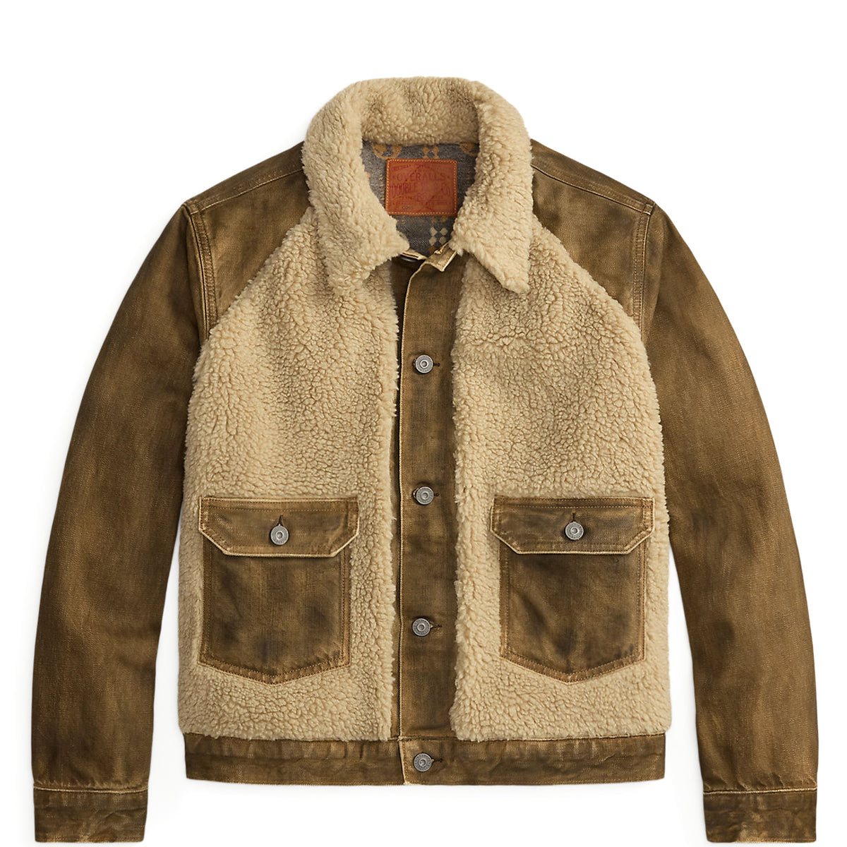 RRL By Ralph Lauren Fleece-Panel Denim Trucker Jacket Distressed Brown