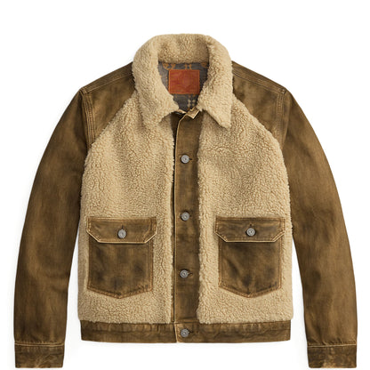 RRL By Ralph Lauren Fleece-Panel Denim Trucker Jacket Distressed Brown