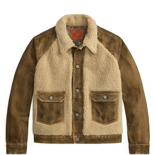 RRL By Ralph Lauren Fleece-Panel Denim Trucker Jacket Distressed Brown