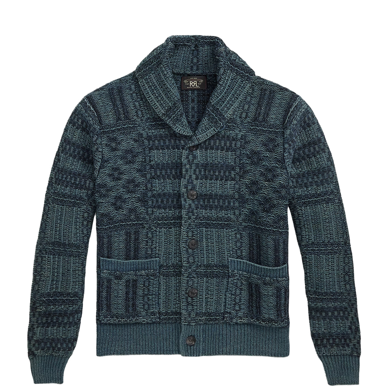 RRL 本藍染め Indigo Cotton Blend Cardigan RRL By Ralph Lauren Indigo Jacquard Knit Cotton Cardigan