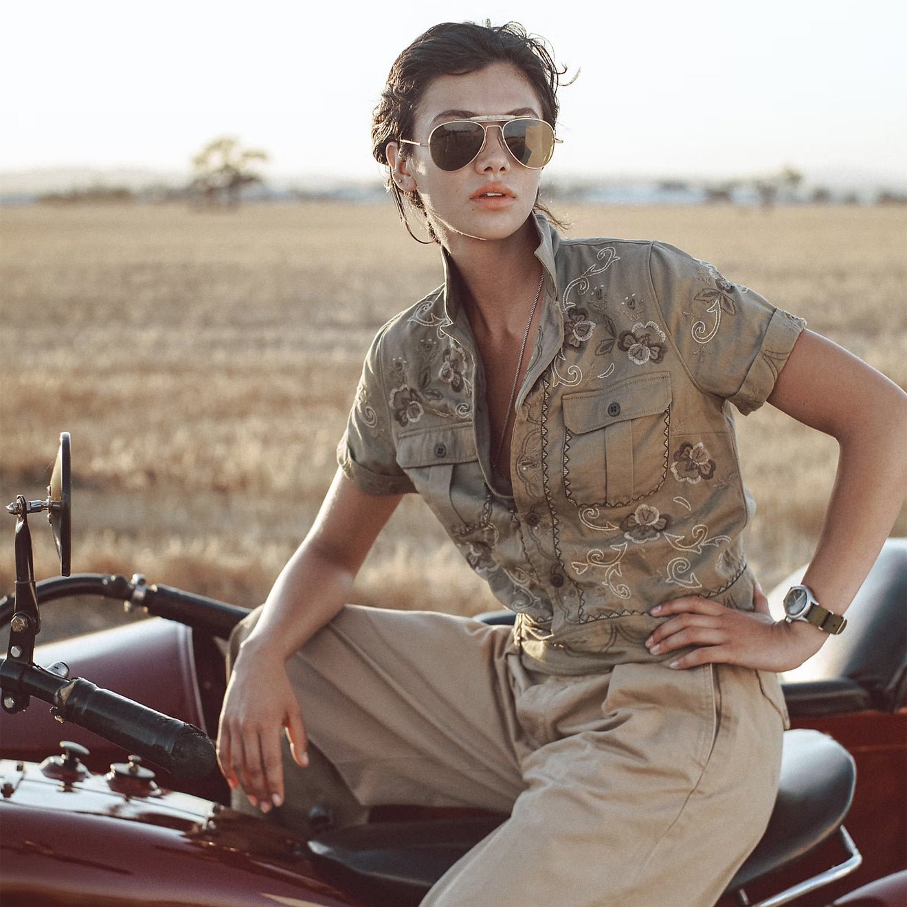 RRL By Ralph Lauren Rita Blouse Short Sleeve Button Front Shirt Med Olive Drab / Multi