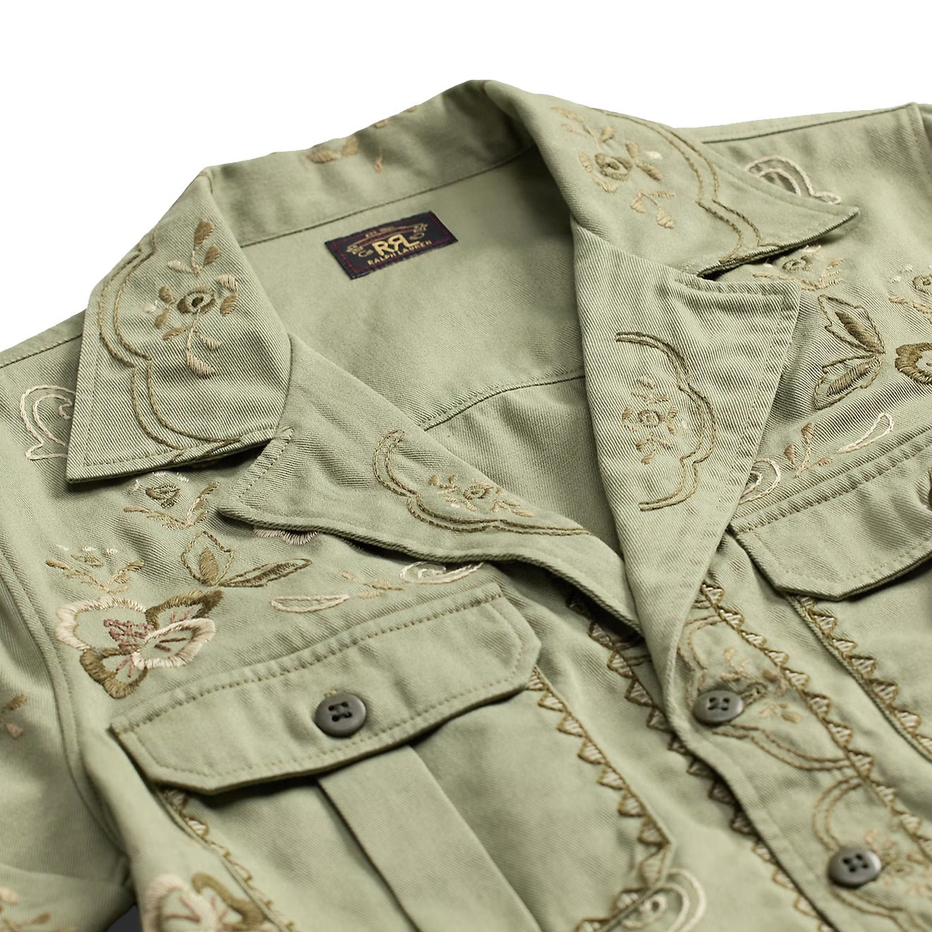 RRL By Ralph Lauren Rita Blouse Short Sleeve Button Front Shirt Med Olive Drab / Multi