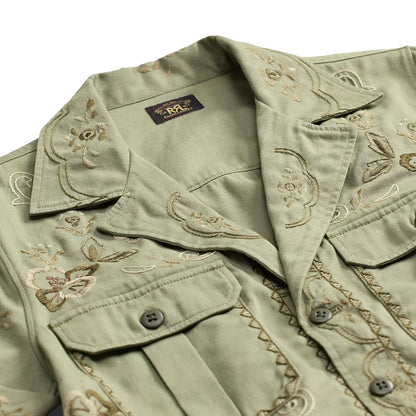 RRL By Ralph Lauren Rita Blouse Short Sleeve Button Front Shirt Med Olive Drab / Multi