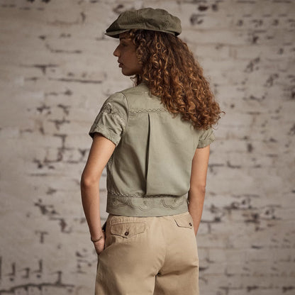 RRL By Ralph Lauren Rita Blouse Short Sleeve Button Front Shirt Med Olive Drab / Multi