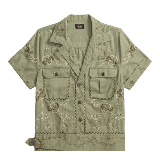 RRL By Ralph Lauren Rita Blouse Short Sleeve Button Front Shirt Med Olive Drab / Multi