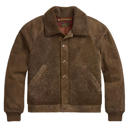 RRL By Ralph Lauren Shearling-Panelled Roughout Suede Jacket Vintage Brown - The Sporting Lodge