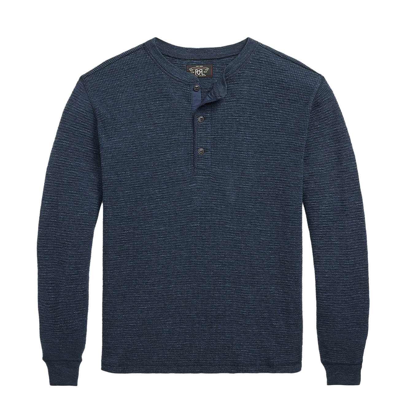 RRL By Ralph Lauren Waffle Knit Henley Long Sleeve Pullover Navy Heather - The Sporting Lodge