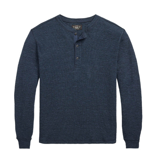 RRL By Ralph Lauren Waffle Knit Henley Long Sleeve Pullover Navy Heather