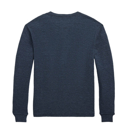 RRL By Ralph Lauren Waffle Knit Henley Long Sleeve Pullover Navy Heather - The Sporting Lodge