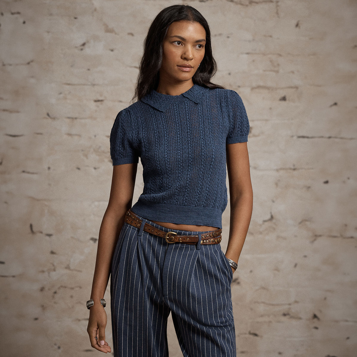 RRL By Ralph Lauren Womens Cable-Knit Cotton Pointelle Jumper Navy