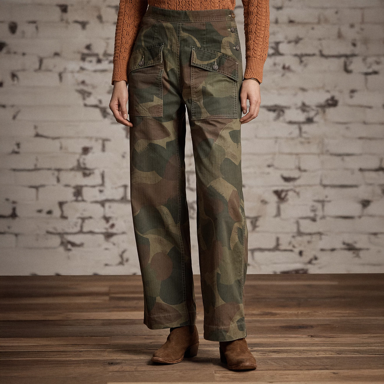 RRL By Ralph Lauren Womens Cook Pant Full Length Flat Front Distressed Olive