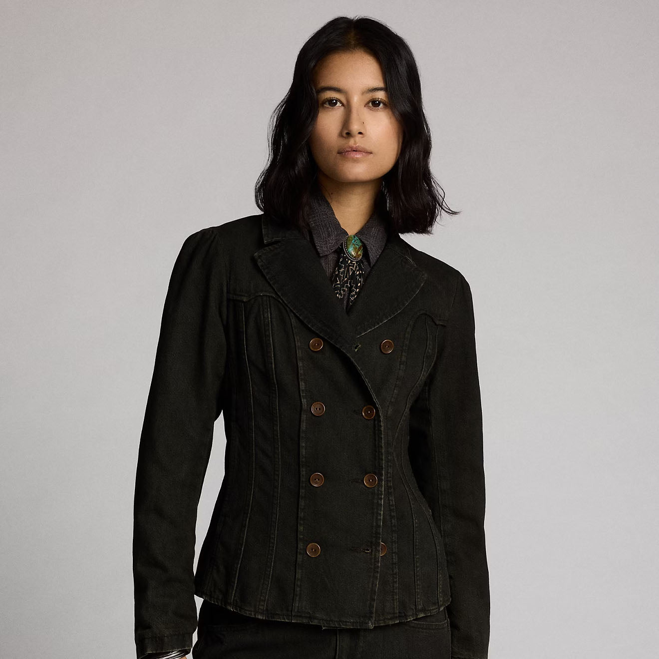 RRL By Ralph Lauren Womens Double-Breasted Black Denim Jacket Worn Black - The Sporting Lodge