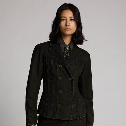 RRL By Ralph Lauren Womens Double-Breasted Black Denim Jacket Worn Black - The Sporting Lodge