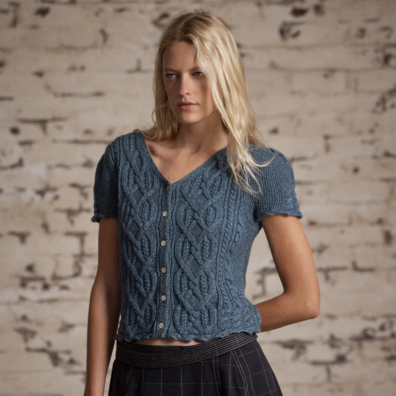 RRL By Ralph Lauren Womens Linen Blend Cable Knit Top Medium Blue - The Sporting Lodge