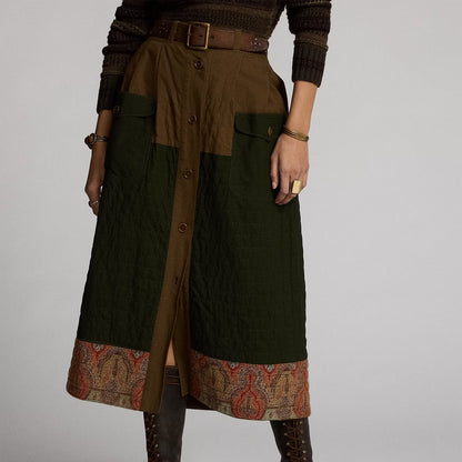 RRL By Ralph Lauren Womens Mixed-Panel Quilted Cotton-Linen Skirt Olive/Multi - The Sporting Lodge
