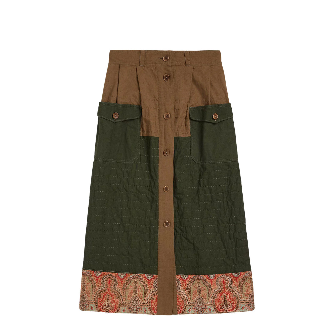 RRL By Ralph Lauren Womens Mixed-Panel Quilted Cotton-Linen Skirt Olive/Multi - The Sporting Lodge