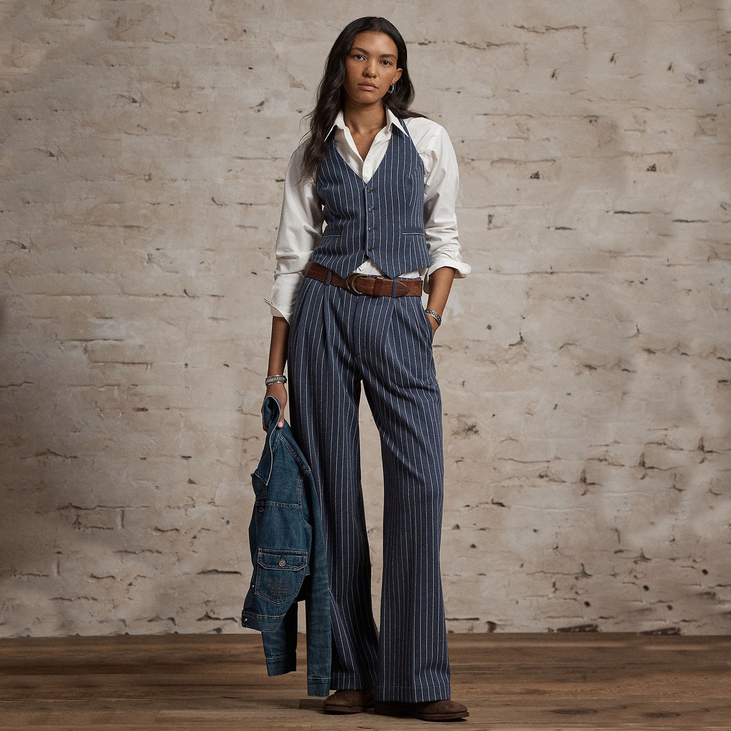 RRL By Ralph Lauren Womens Pinstripe Double-Knit Trouser Navy / White