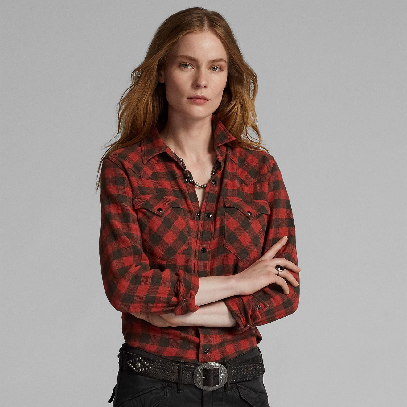 RRL By Ralph Lauren Womens Plaid Cotton-Linen Western Shirt RL-100 Red/Black - The Sporting Lodge