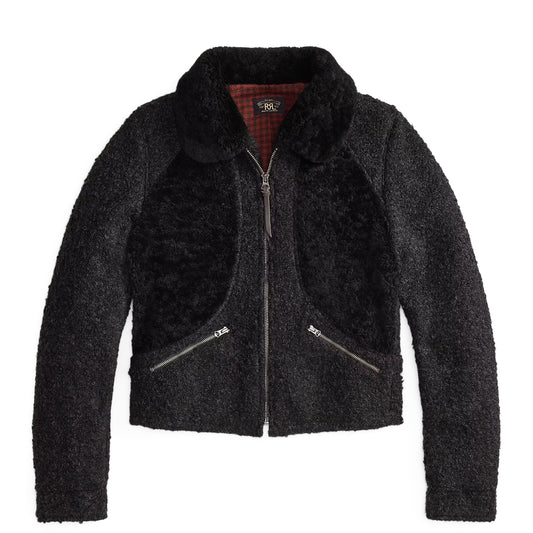 RRL By Ralph Lauren Womens Shearling-Panelled Boucle Jacket Charcoal / Black
