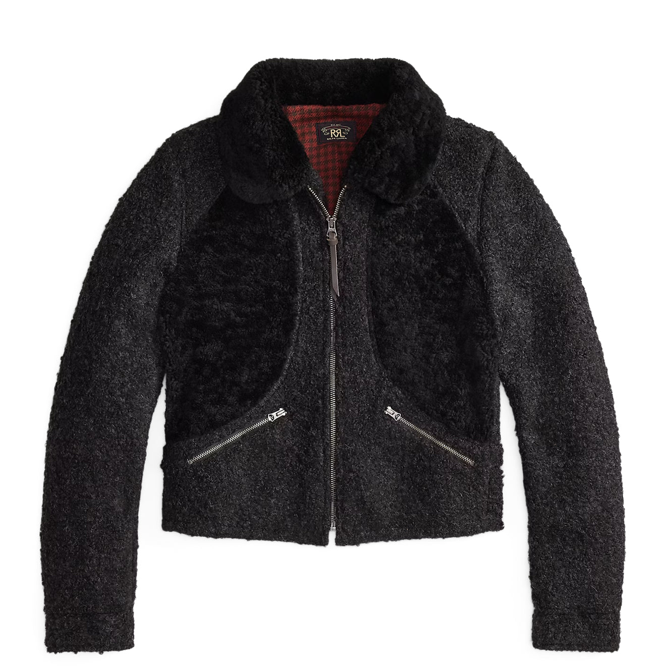 RRL By Ralph Lauren Womens Shearling-Panelled Boucle Jacket Charcoal / Black