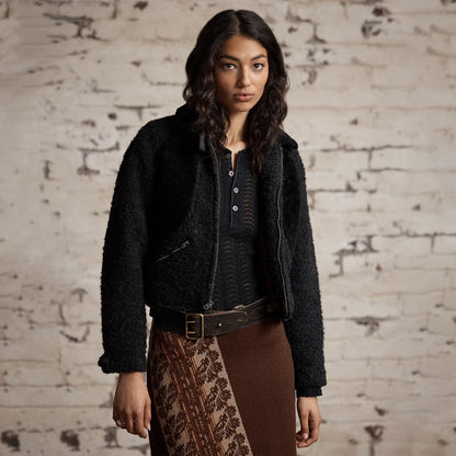 RRL By Ralph Lauren Womens Shearling-Panelled Boucle Jacket Charcoal / Black