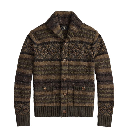 RRL By Ralph Lauren Wool Cotton Shawl Collar Cardigan Brown Olive Multi