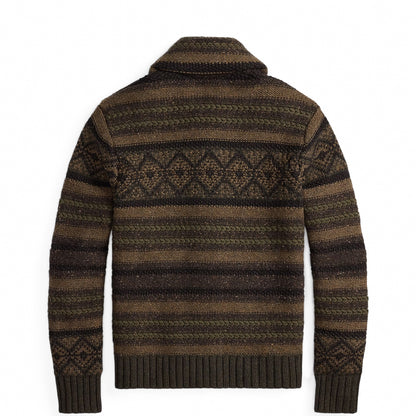 RRL By Ralph Lauren Wool Cotton Shawl Collar Cardigan Brown Olive Multi