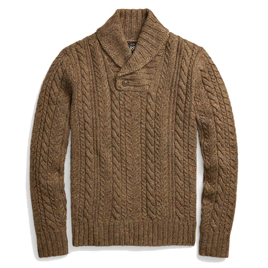 RRL by Ralph Lauren Aran-Knit Shawl-Collar Jumper Brown Heather - The Sporting Lodge