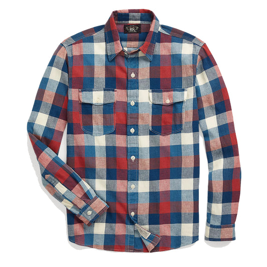 RRL by Ralph Lauren Indigo Plaid Cotton-Linen Workshirt Red/Indigo - The Sporting Lodge