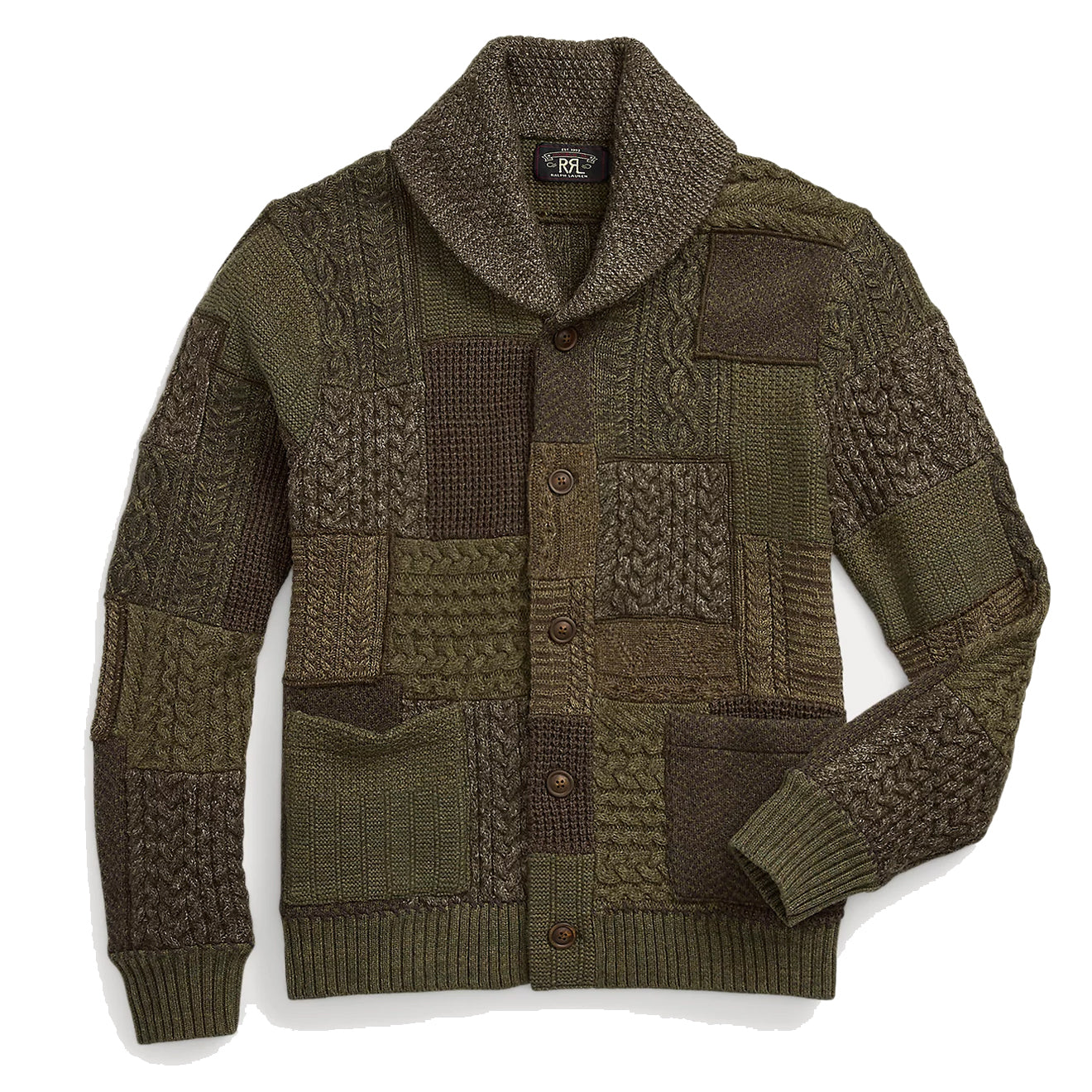 RRL by Ralph Lauren Patchwork Wool-Blend Shawl Cardigan Olive Multi - The Sporting Lodge
