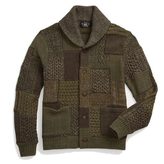 RRL by Ralph Lauren Patchwork Wool-Blend Shawl Cardigan Olive Multi - The Sporting Lodge