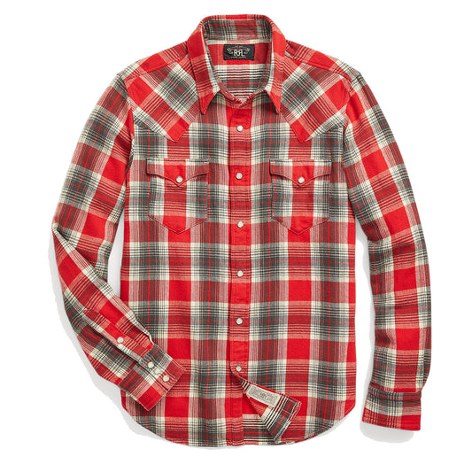 RRL by Ralph Lauren Slim Fit Plaid Twill Western Shirt Red / Grey - The Sporting Lodge