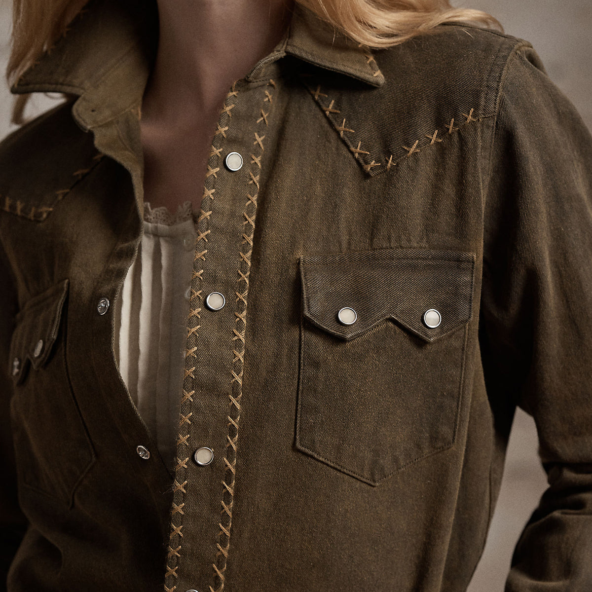 RRL by Ralph Lauren Womens Denim Western Shirt Washed Brown