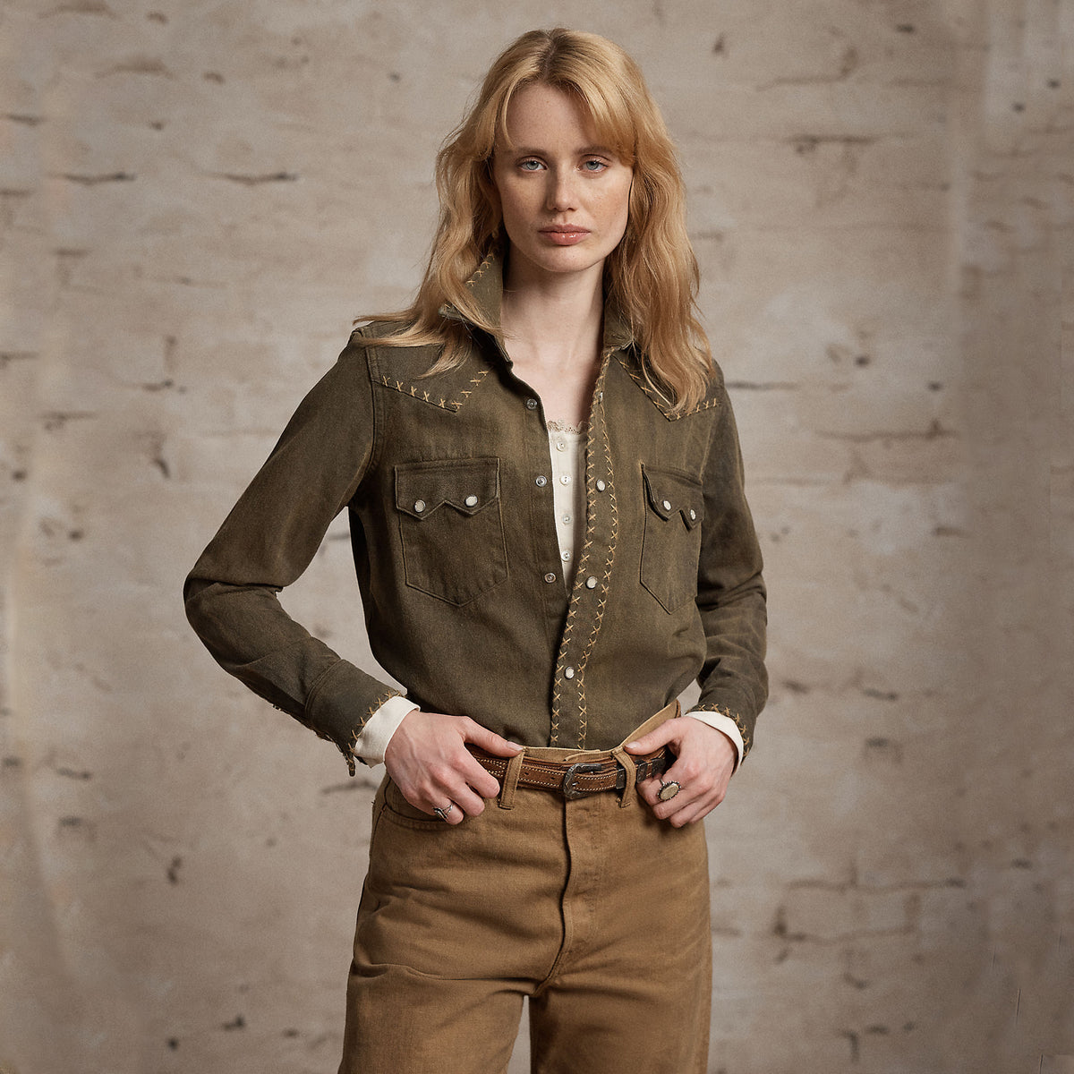 RRL by Ralph Lauren Womens Denim Western Shirt Washed Brown