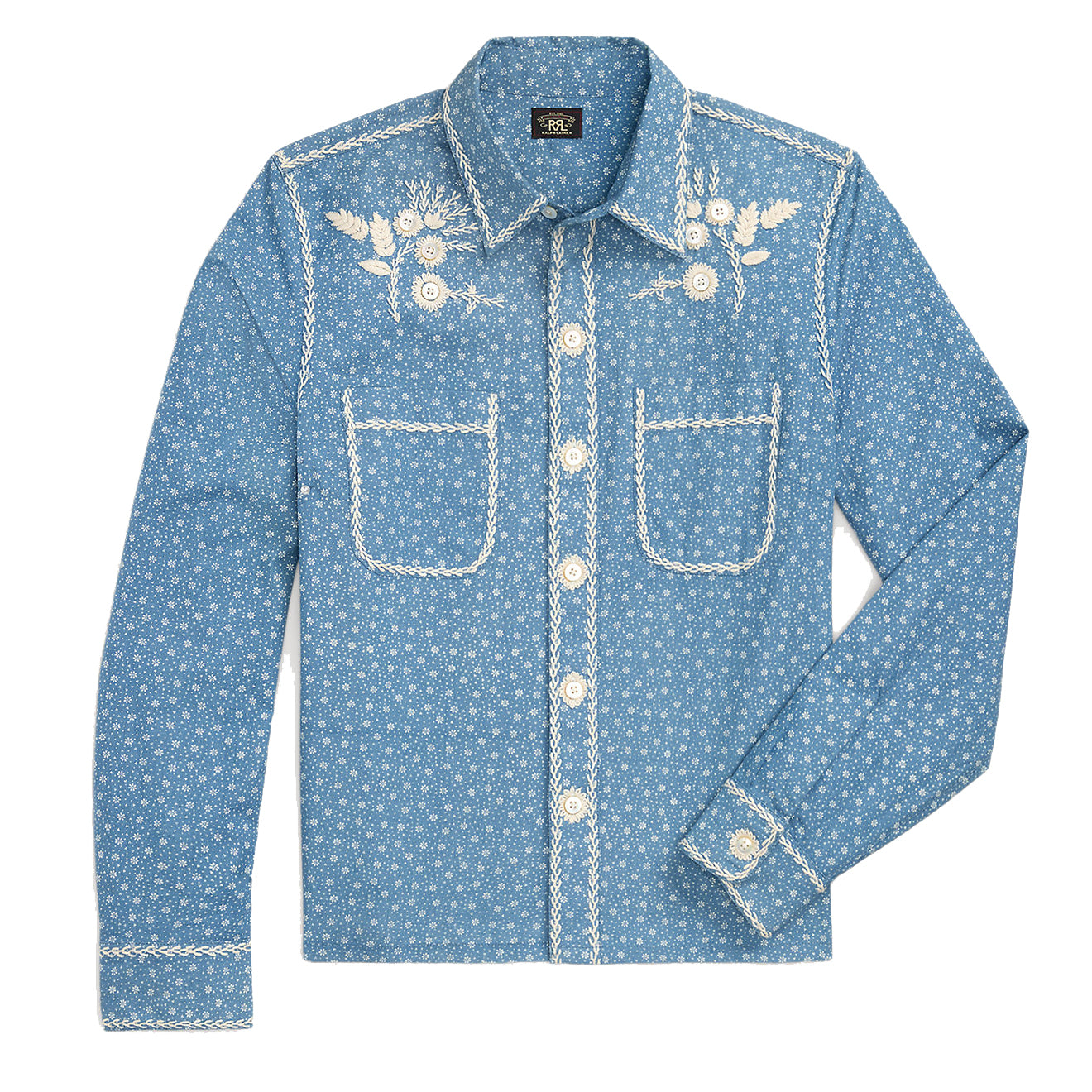 RRL by Ralph Lauren Womens Embroidered Indigo Floral-Print Shirt Blue / Cream - The Sporting Lodge
