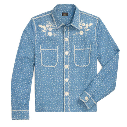 RRL by Ralph Lauren Womens Embroidered Indigo Floral-Print Shirt Blue / Cream - The Sporting Lodge