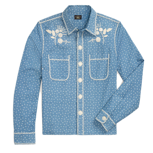RRL by Ralph Lauren Womens Embroidered Indigo Floral-Print Shirt Blue / Cream - The Sporting Lodge