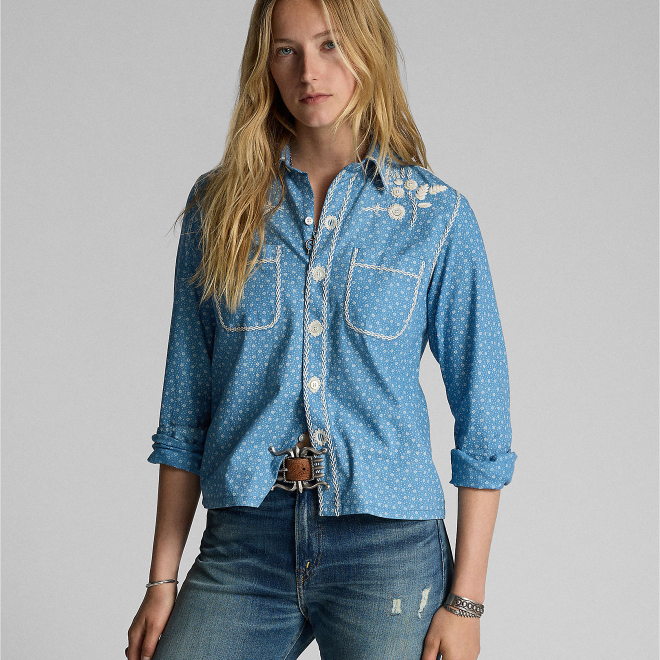 RRL by Ralph Lauren Womens Embroidered Indigo Floral-Print Shirt Blue / Cream - The Sporting Lodge