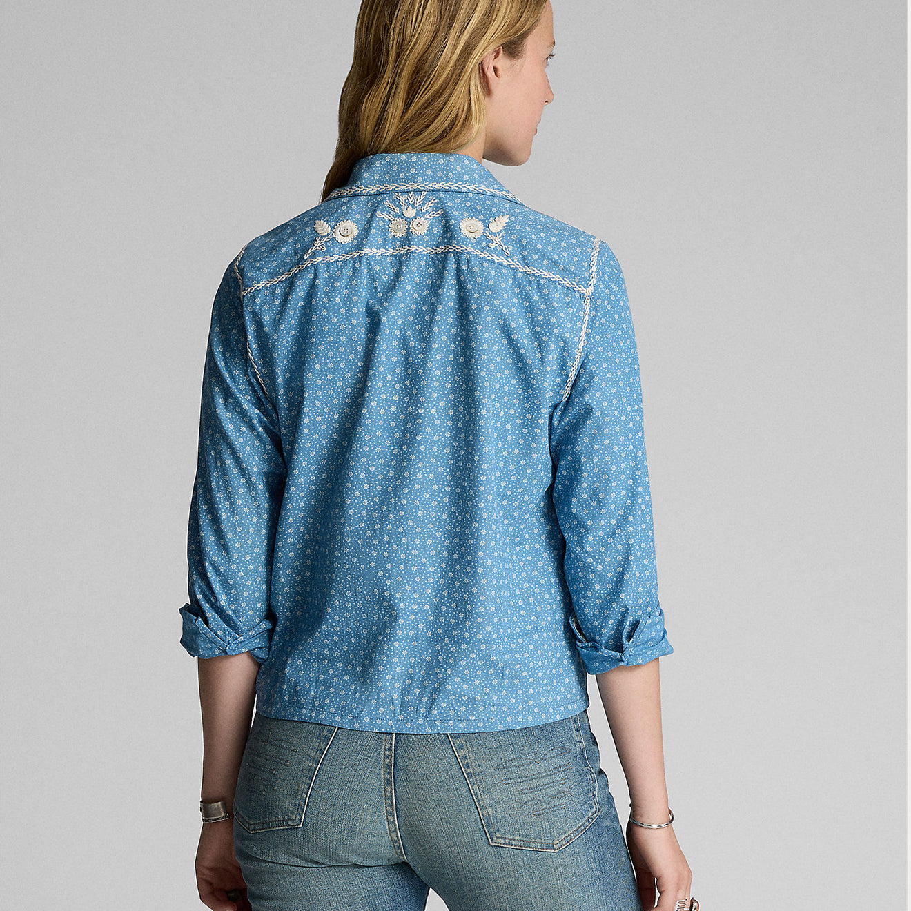 RRL by Ralph Lauren Womens Embroidered Indigo Floral-Print Shirt Blue / Cream - The Sporting Lodge