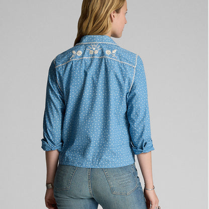 RRL by Ralph Lauren Womens Embroidered Indigo Floral-Print Shirt Blue / Cream - The Sporting Lodge
